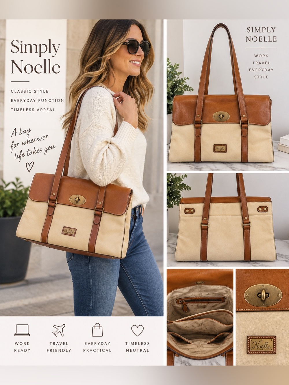 Simply Noelle Tan Cream Satchel Tote Shoulder Bag Work Bag